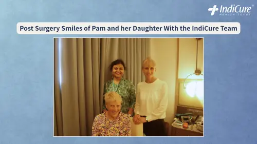 Pamela Scaddan celebrating her successful spine surgery journey in India with the dedicated support team from IndiCure Health Tours.